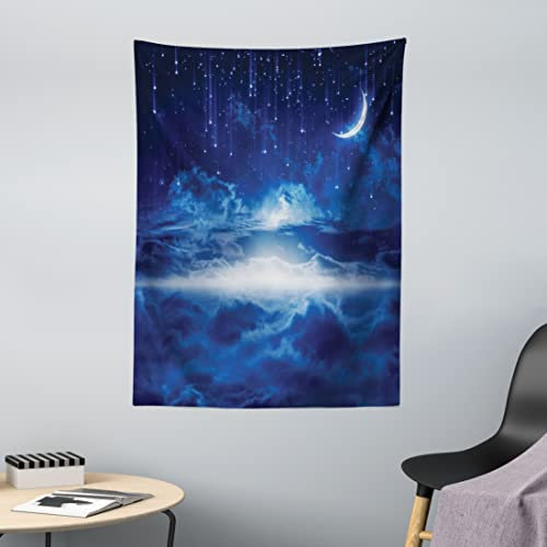 ABAKUHAUS Blau Weiss Wandteppich, Nachthimmel Mond-Stern aus Weiches Mikrofaser Stoff Waschbar ohne Verblassen Digitaldruck, 110 x 150 cm, Marineblau Weiß