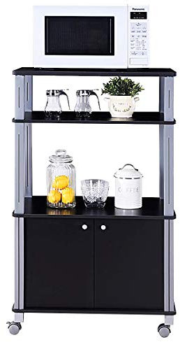 COSTWAY Desserte Micro-Onde à roulettes, Chariot de Cuisine,Meuble de Rangement 2 Niveaux d'étagères Ouvertes et d'Armoires, 60x39,5x92,85cm
