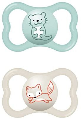 MAM Air Ciuccio in Set da 2, in Silicone Skinsoft con Custodia Porta Succhietto, 6-16 Mesi, Azzurro & Neutro
