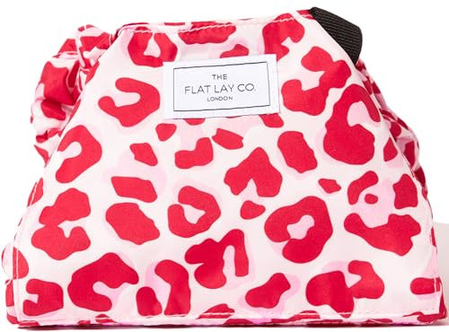 The Flat Lay Co Make Up Tasche Organizer mit Kordelzug - Reise Kosmetiktasche Damen mit Pinselhalter & Reißverschlusstasche - Rosa Leopard