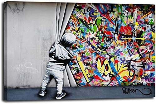MJEDC Banksy Bilder Leinwand Behind the Curtain Graffiti Street Art Leinwandbild Fertig Auf Keilrahmen Kunstdrucke Wohnzimmer Wanddekoration Deko XXL (80x140cm(31.5x55.1inch))