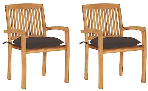 vidaXL 2X Teak Massiv Gartenstuhl mit Taupe Kissen Stapelbar Stapelstuhl Holzstuhl Gartensessel Stapelsessel Gartenmöbel Stuhl Terrassenstuhl