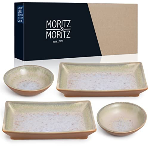 Moritz & Moritz 4-tlg. Sushi Geschirr Set für 2 Personen - Sushi Servierset mit 2x Sushi-Teller und 2x Sushi Dip-Schälchen – Beige-Lila mit Reaktiver Glasur