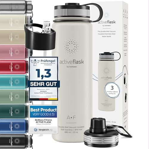 Trinkflasche Edelstahl ACTIVE FLASK + Strohhalm (3 Deckel) BPA-frei, Auslaufsicher, Kohlensäure geeignet - Wasserflasche Fahrrad Thermosflasche Isoliert Isolierflasche Sport Wasser Flasche Kinder Tee