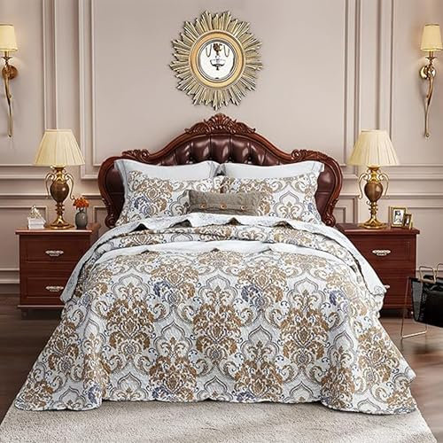 CHIXIN California King Tagesdecke – Oversized Luxury Collection – Europäisches Damast Paisley Muster – Klassisch & wunderschöne Bettwäsche, leicht, ultraweich, 100% Mikrofaser, weiß/khaki/grau