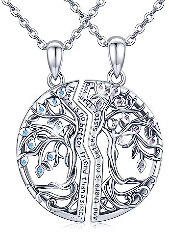 Friggem Collier 2 pièces arbre de vie soeurs pour femmes, collier pendentif soeurs en argent sterling, chaîne de 18 arbre généalogique de vie Zircon bijoux d'amitié cadeaux pour femmes soeur