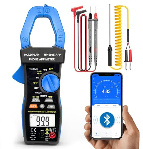 Stromzange, Bluetooth Zangenmultimeter 580S-APP mit True-RMS 6000 Zähler Automatische, Zangenmultimeter Misst AC/DC Spannung Strom NCV Volt Ohm Widerstand Kapazität Durchgang Temperatur Diode