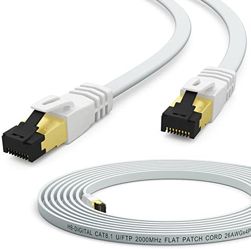 HB-DIGITAL 7,5m Patchkabel CAT.8 LAN Flach U/FTP Netzwerkkabel PVC 2xRJ45 Stecker Kupfer Profi Slim flexibel 40 Gbits Ethernet Port 2000 MHz Internet-cable PC Router Switch Modem TV Konsole weiss
