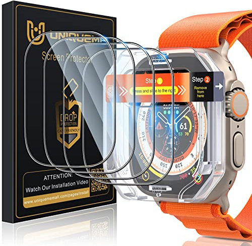 UniqueMe 4 Pezzi Pellicola Protettiva per Apple Watch Serie 8 49mm Vetro Temperato, Senza Bolle, Trasparente HD Schermo Protettivo Facile con con Kit D'Installazione, Anti-Scratch