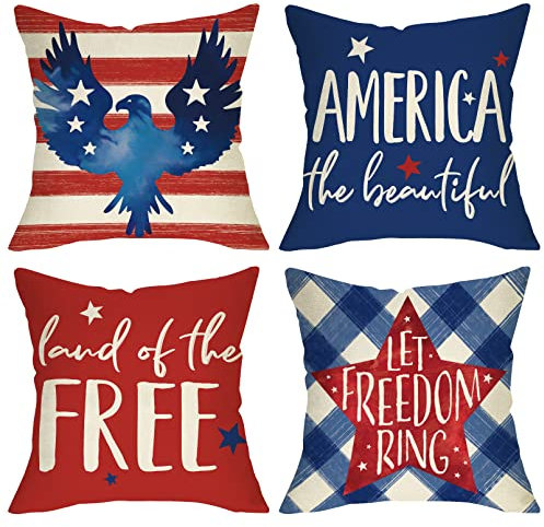 Fjfz 4. Juli Patriotische amerikanische Flagge Adler dekorativer Kissenbezug 45.7x45.7 cm, 4 Stück, Amerika-Sterne und Streifen, Heimdekoration, Land of the Free USA Buffalo Plaid Kissenbezug