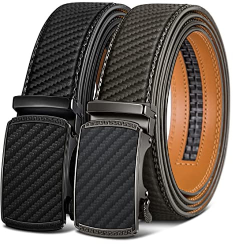 KEMISANT Gürtel Herren 2er, Gürtel Ratsche Automatikschließe Ledergürtel für Herren Verstellbar 35mm Breit mit Geschenkbox(Schwarz/Heiliges Grau-140cm/42-48 taille verstellbar)