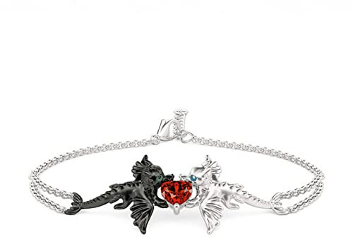 Jeulia Drachenpaar Sterling Silber Armband: Hug Me Herzschliff Granatrot Zirkonia charm Armband Anniversary Jahrestag Valentinstag Schmuck Geschenk für Frauen Damen (Stärkste Romantik)