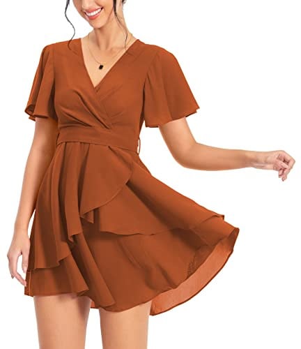 PCEAIIH Women's Cocktail Dresses Short Sleeve Empire Skater Dress Deep V-Neck Waist Tie Ruffle Mini Swing Dresses XL Brown