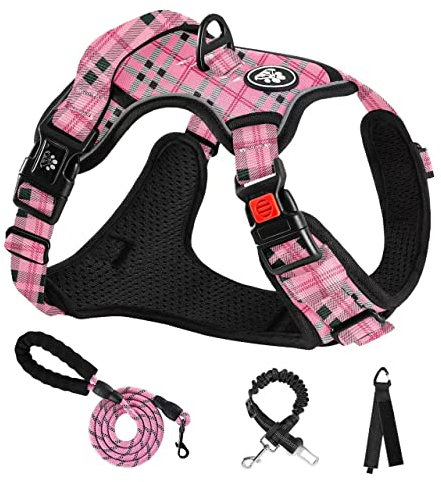 NESTROAD Hundegeschirr Mittelgroße Hunde Kariertes Rosa, Größe M Anti Zieh Geschirr für Hunde Mittel, Halsumfang 33~43CM Brustumfang 43~64CM, Hundesicherheitsgurt Sicherheitsgeschirr Hund Gepolstert