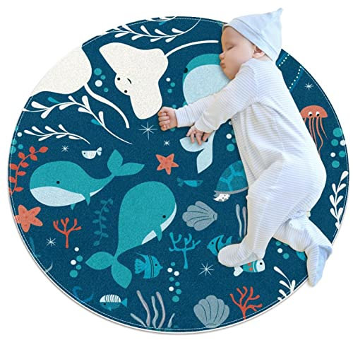VBFOFBV Runder weicher Teppich für Kinder Baby Mädchen Teenager Zimmer Kreis Kinderzimmer Teppich für Schlafzimmer Wohnzimmer Wohnkultur,Cartoon Meerestiere Wal Octopus Qualle