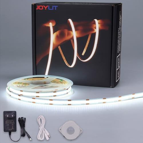 JOYLIT COB LED Streifen mit Bewegungsmelder 5M Kaltweiss, Bewegung Aktiviert 12V LED Strip 320LEDs/M 6000K CRI 93 Selbstklebend Licht Band für Schrank,Küche,Wohnzimmer,Schlafzimmer,Treppe