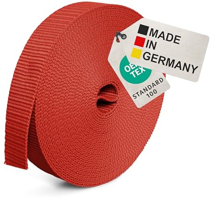BAUHELD® 10m Universal Gurtband 20mm [Made in Germany] - Gewebe Montage-Band aus Polypropylen - Gurt zum Befestigen, Nähen oder Zubehör für Rucksack, Koffer, Steck-Schnalle, Spannriemen - Rot