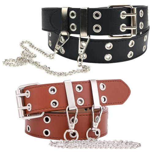 KedidO Gürtel Damen Punk PU Leder Kettengürtel für Damen 2 Stück Doppelloch Nietengürtel 3.3 cm breit für Oder Gothic-Outfits (Schwarz und braun)