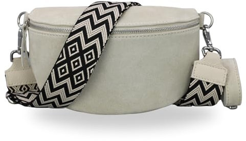 BRISE Bauchtasche Damen Echtes Wildleder SAHEL Handgemachte Umhängetasche Crossbody Bag Hüfttasche mit Ledergurt + Optionalen Breiten Gemusterten Riemen Gürteltasche Made in Italy (Beige 4)