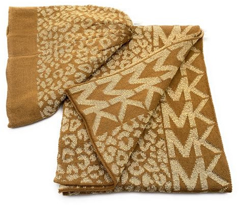 Michael Kors Schal & Mütze SET I Winterschal I Beanie I Wollschal I Wintermütze I One Size I Weiche Acrylwolle I Logo I Geschenkverpackung I Braun/Gold8687