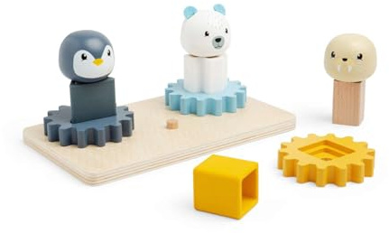Bigjigs Toys Arctic Animal COG Puzzles Board - 10 Piece Wooden Shape Matching Game, Sustainable Wood Pieces with Silicone Shapes, Baby Toddler Montessori Toys, Gifts for 1 2 3 Year Old
