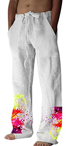 All Prime Clearance Items Cargo Chino Hose Männer Herrenmode, lässige Baumwolle und Leinen, Bedruckte Leinentaschen-Schnürhose, große Hose (White, XXL)