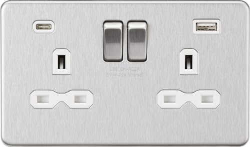 13A 2G SP Switched Socket with Dual USB A+C (5V DC 4.0A shared) - Brushed Chrome with White Insert