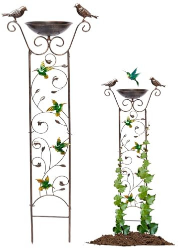 Bain d'oiseaux en treillis de jardin 2 en 1, mangeoire à oiseaux en métal amovible, distributeur d'eau autoportant rétro, mangeoire à oiseaux sur pied pour décorations de jardin extérieures, mangeoire