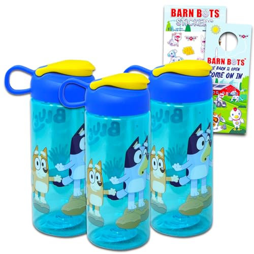 Bluey Water Bottles for Kids, Girls, Boys, Bluey School Supplies Set with 3 Blue Water Bottles Plus Create an Activity Book, Stickers and More, Blue Drinking Cups for Kids