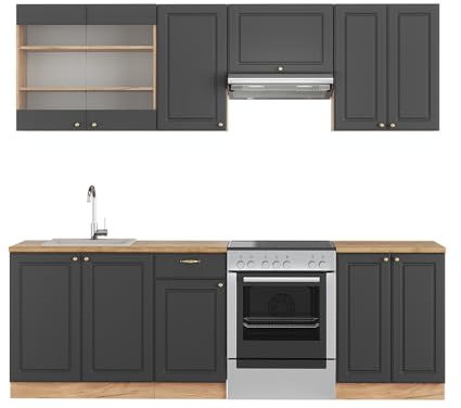 Vicco Küchenzeile Fame-Line, Anthrazit Landhaus/Goldkraft Eiche, 240 cm, AP Eiche