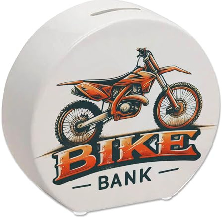 Motocross-Motorrad Spardose mit Spruch Bike Bank Perfekte Offroad-Spardose im Motocross-Motorrad-Design in orange-schwarz mit coolen Schriftzug darunter
