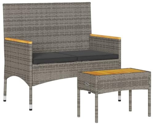 vidaXL Gartenbank 2-Sitzer, Parkbank mit Kissen Tisch, Sitzbank für Terrasse Garten Balkon, Gartenmöbel Balkonbank, Grau Poly Rattan