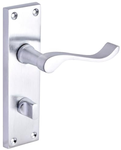 Designer Levers Victorian Scroll Lever Door Handles, Satin Chrome, 1 Pair | Thumbturn locking for bathroom doors; thumbturn included; zinc construction; 152mm. backplate length.
