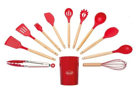 Coopers Of Stortford 12-Piece Silicone & Wood Kitchen Utensil Set Cooking Utensils with Holder, Heat Resistant Tools Turner Spatula Spoon for Non-Stick Cookware, Easy Clean Dishwasher Safe, Red