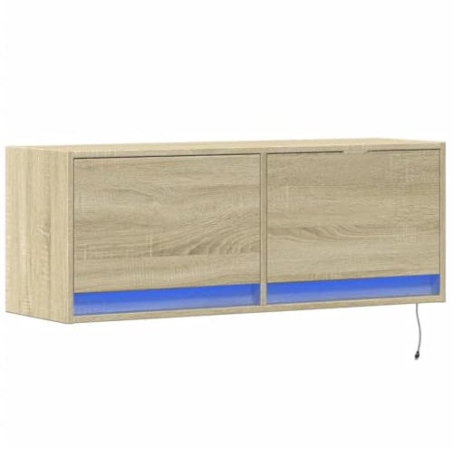 vidaXL TV Wall Cabinet - Sonoma Oak Floating TV Stand with RGB LED Lights - Engineered Wood Media Console - 2 Drawers - 100 x 31 x 38 cm - Modern Design