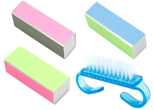 3 Pcs 4-Sided Grit Nail Buffer Blocks Set with Bonus Blue Brush, Professional Nail Buffers & Smoothers for Natural Nails and Acrylics, Manicure Salon Quality Nail Files, Nail File and Buffer Set