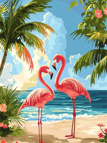 Malen Nach Zahlen Erwachsene Flamingo Malen Nach Zahlen Strand Paint by Numbers Anfänger kinder,DIY Handgemalt Ölgemälde Leinwand Kits mit Acrylfarben Bastelset,Home Deko,Frauen Geschenk 90x120cm