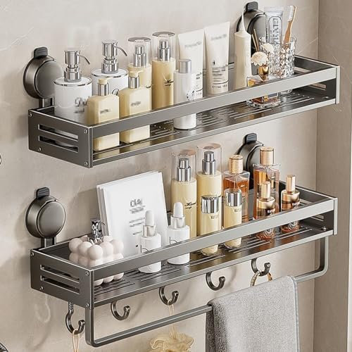 SCREENKART Mensola Doccia Senza Foratura, Portaoggetti Bagno con Ventosa Impermeabile, Porta Bagnoschiuma Shampoo da Doccia, Organizer Doccia con 5 Ganci 2 Supporto per Doccia