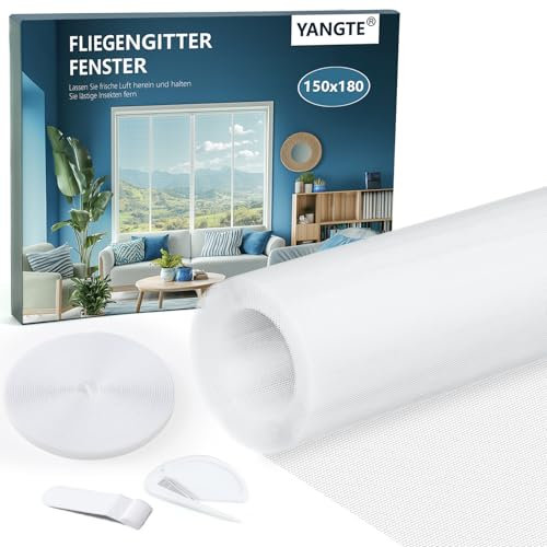 YANGTE Zanzariera per finestra, 150 x 180 cm, colore bianco, protezione dagli insetti, con maggiore adesività, nastro in velcro, zanzariera per finestre senza foratura, zanzariera e zanzariera per