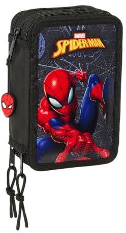 safta Spiderman Attack Schulmäppchen mit 37 Utensilien, Kindermäppchen, ideal für Kinder von 5 bis 14 Jahren, bequem und vielseitig, Qualität und Widerstandsfähigkeit, 12,5 x 5,5 x 19,5 cm, Schwarz,