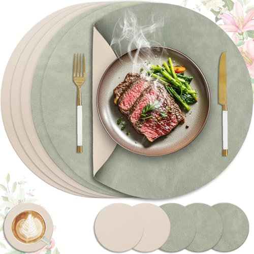 6er Set Tischset aus Leder-Imitat,Platzsets abwaschbar und wasserdicht,Platzdeckchen Lederoptik mit Untersetzer,Tischuntersetzer Doppelseitigen rutschfest(Rund,Hellgrün+Beige)