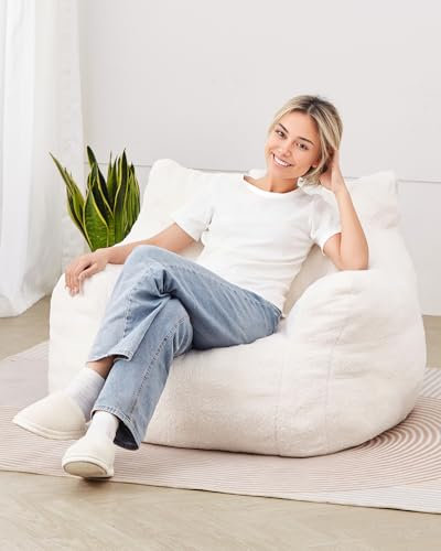 VEVOR Sitzsack Sitzkissen Bean Bag (920 x 900 x 685 mm) mit Armlehnen & Aufbewahrungstasche, gefüllt mit 25D Memory Foam mit weichem Teddy-Samtbezug, Sitzsack für Schlafzimmer Spielzimmer, Weiß