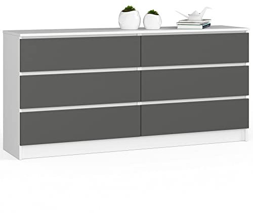 AKORD | Kommode mit 6 Schubladen | Komodenschrank | Funktional | Für Wohnzimmer | Für Schlafzimmer | Langlebig | Rollenführung | Universelles Design | ABS-Kante 40x160x77cm | Weiß & Graphitgrau Front