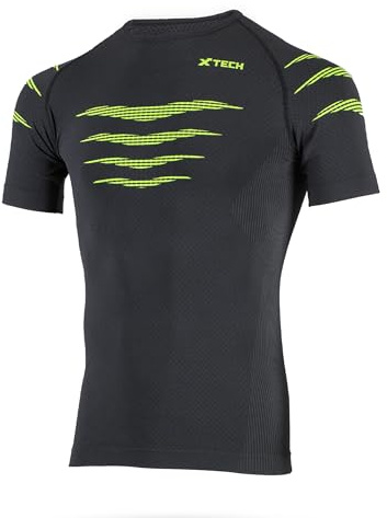 X Tech Sport Design, Falcon Kurzarm-Trikot, 4 Jahreszeiten, Rundhalsausschnitt, enganliegend, Multisport, temperaturausgleichend, für Sommer und Winter, Schwarz und Gelb., S-M