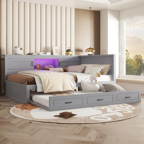 NovaFurnish Schlafsofa, Daybett, Tagesbett, 140X200cm, Mit LED-Leuchten, Bettseitiges Staufach, Ausziehbares Bett, Steckdose + USB, Ohne Matratze (Grau, 140X200cm)