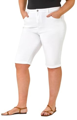 Roman Originals Denim Shorts for Women UK Ladies Knee Length Stretch Jean Cropped Capri Jegging Turn Up Hem Cut Off Summer High Waisted Trouser Smart Pants Casual - White Plus - Size 20