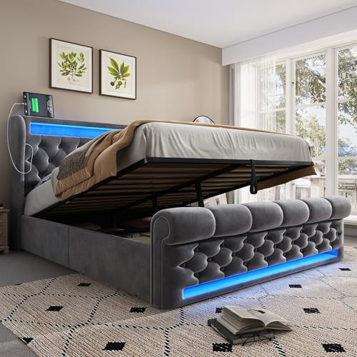 Dolamaní Polsterbett 140x200 cm Doppelbett mit Stauraum & Lattenrost Bettkaste, Kopfteil mit USB und Typ-C, LED Funktionsbett, Boxspringbett Gepolsterter Samt (Grau)