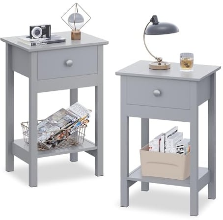 WLIVE Nachttisch,Beistelltisch aus Holz,mit Einer Schublade und Ablage,Platzsparend,Geeignet für Schlafzimmer und Wohnzimmer,Modern (2, Grau)