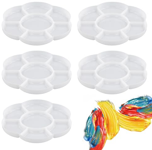5 Stück Mischpalette, 17cm Mischpalette Schule Acrylfarben 7 Farbmulden, Palette Kunststoff Runde, Mischen, Paletten für DIY Kunst Malerei Aquarell Malen Bastelarbeiten, Weiß