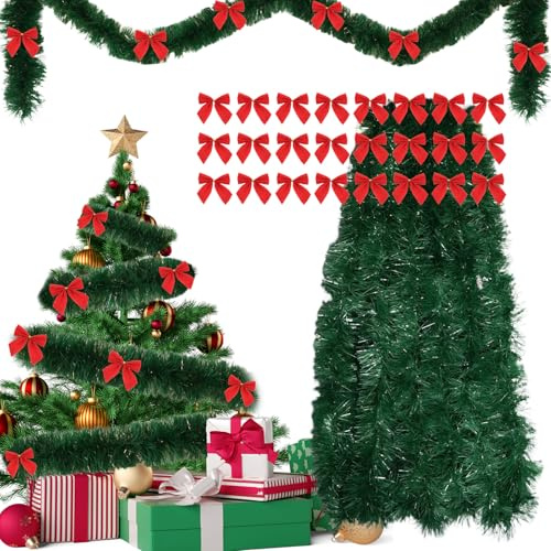 Girlande Weihnachten 10m + 24pcs Weihnachtsschleifen Rot Weihnachtsgirlande | Künstliche Tannengirlande, Lametta Girlande, Weihnachtsgirlande Aussen, Christmas Garland, Weihnachtsdeko Aussen
